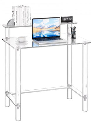 Acrylic Table, 2 Tiers Clear Office Desk with Monitor Stand, Acrylic Study Computer Desk, Modern Side End Table Nightstand for Bedroom, Office, Study, Cloakroom, 19.7 x 31.5 x 34.7 in (Clear)
