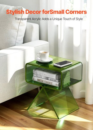 Acrylic Nightstand Side Table, Modern Clear Bedside Table with Storage Shelf, Transparent Small End Desk for Living Room, Bedroom, Home Decor, No Assembly Needed, 11.8 x 15.4 x 17 in (Green)