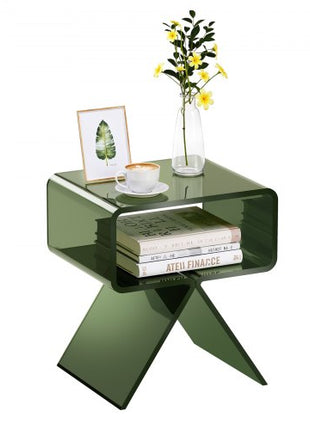 Acrylic Nightstand Side Table, Modern Clear Bedside Table with Storage Shelf, Transparent Small End Desk for Living Room, Bedroom, Home Decor, No Assembly Needed, 11.8 x 15.4 x 17 in (Green)