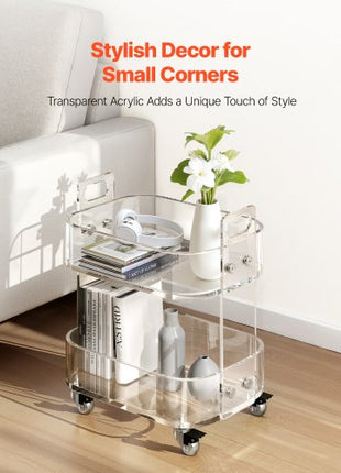 Acrylic Table with Wheels, 2 Tiers Mobile Cart Table, Modern Rolling Acrylic Storage Desk, Clear Nightstand Side End Desk, for Living Room, Bedroom, Bar, Office, 12 x 16.3 x 18.9 in (Clear)