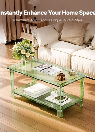 Acrylic Coffee Table, 2 Tiers Center Table with Storage Shelf, Modern Rectangle Acrylic Coffee Desk, Ideal for Dining Room, Kitchen Island, Restaurant, Office, 19.7 x 31.5 x 15.7 in (Green)