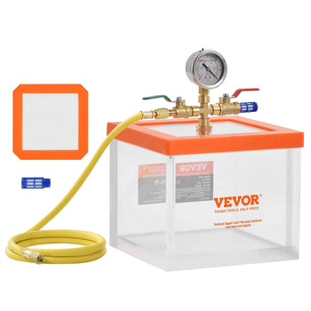 VEVOR transparent vacuum chamber kit with orange top, yellow hose, pressure gauge, and filter included. Ideal for resin work.