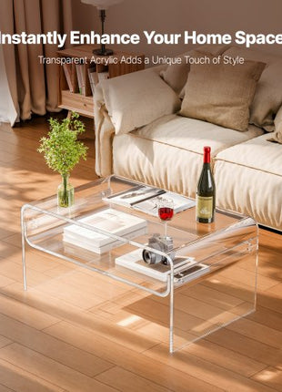 Acrylic Coffee Table, 2 Tiers Center Table with Storage Shelf, Modern Rectangle Acrylic Coffee Desk, Ideal for Dining Room, Kitchen Island, Restaurant, Office, 19.7 x 31.5 x 15 in (Clear)