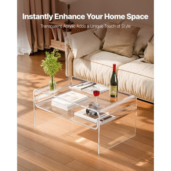 Acrylic Coffee Table, 2 Tiers Center Table with Storage Shelf, Modern Rectangle Acrylic Coffee Desk, Ideal for Dining Room, Kitchen Island, Restaurant, Office, 19.7 x 31.5 x 15 in (Clear)