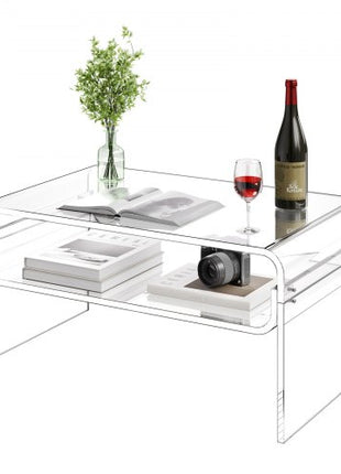 Acrylic Coffee Table, 2 Tiers Center Table with Storage Shelf, Modern Rectangle Acrylic Coffee Desk, Ideal for Dining Room, Kitchen Island, Restaurant, Office, 19.7 x 31.5 x 15 in (Clear)