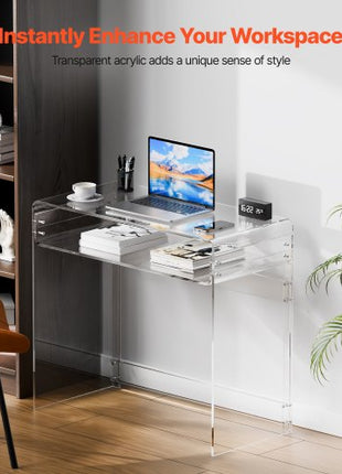Acrylic Table, 2 Tiers Clear End Table with Storage Shelf, Modern Rectangle Acrylic Side Desk, Transparent Thick Desk Nightstand for Bedroom, Office, Living Room, 15.7 x 33.5 x 29.5 in (Clear)