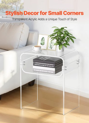 Acrylic Side Table, 2 Tiers Clear Bedside Table with Storage Shelf, Modern Rectangle Acrylic End Desk, Transparent Thick Nightstand for Bedroom, Living Room, Study, 11.8 x 15.7 x 19.7 in (Clear)