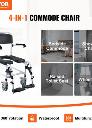 Shower Commode Wheelchair with 4 Lockable Wheels, Footrests, Flip-up Arms, 3-Level Adjustable Height, 5L Removable Bucket, 350 LBS Capacity, Commode Chair for Adults Seniors