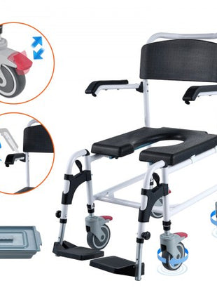 Shower Commode Wheelchair with 4 Lockable Wheels, Footrests, Flip-up Arms, 3-Level Adjustable Height, 5L Removable Bucket, 350 LBS Capacity, Commode Chair for Adults Seniors