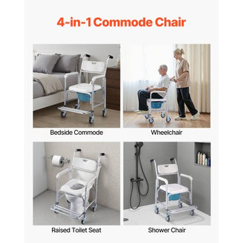 Bedside Commode Chair with Wheels, 350 lbs Capacity, 4-in-1 Portable Toilet and Raised Toilet Seat with Padded Seat/Backrest/Flip-up Footrest, Detachable 5L Bucket, Shower Wheelchair for Seniors