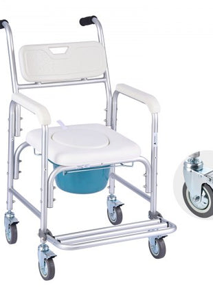 Bedside Commode Chair with Wheels, 350 lbs Capacity, 4-in-1 Portable Toilet and Raised Toilet Seat with Padded Seat/Backrest/Flip-up Footrest, Detachable 5L Bucket, Shower Wheelchair for Seniors