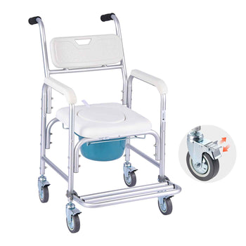 Bedside Commode Chair with Wheels, 350 lbs Capacity, 4-in-1 Portable Toilet and Raised Toilet Seat with Padded Seat/Backrest/Flip-up Footrest, Detachable 5L Bucket, Shower Wheelchair for Seniors