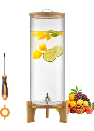 Beverage Dispenser, 3.5 Gallon Drink Dispensers for Parties, Glass Juice Dispenser with Wood Stand, Stainless Steel Spigot, Iced Tea Lemonade Juice Water Dispensers for Parties