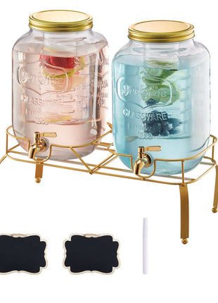 Beverage Dispenser, 2 Pack 2 Gallon Drink Dispensers for Parties, Glass Juice Dispenser with Metal Stand, Stainless Steel Spigot, Infuser, Iced Tea Lemonade Juice Water Dispensers for Parties