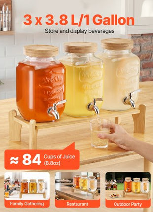 Beverage Dispenser, 3 Pack 1 Gallon Drink Dispensers for Parties, Glass Juice Dispenser with Wood Stand, Stainless Steel Spigot, Infuser, Iced Tea Lemonade Juice Water Dispensers for Parties