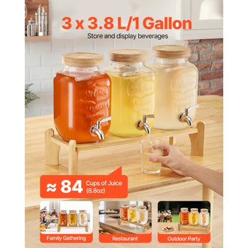 Beverage Dispenser, 3 Pack 1 Gallon Drink Dispensers for Parties, Glass Juice Dispenser with Wood Stand, Stainless Steel Spigot, Infuser, Iced Tea Lemonade Juice Water Dispensers for Parties