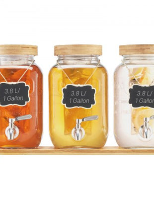 Beverage Dispenser, 3 Pack 1 Gallon Drink Dispensers for Parties, Glass Juice Dispenser with Wood Stand, Stainless Steel Spigot, Infuser, Iced Tea Lemonade Juice Water Dispensers for Parties