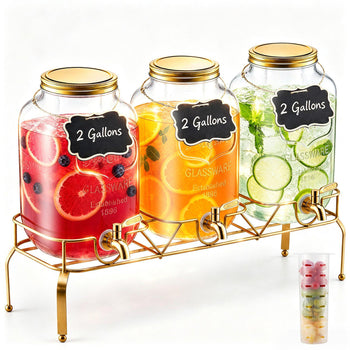 Beverage Dispenser, 3 Pack 2 Gallon Drink Dispensers for Parties, Glass Juice Dispenser with Metal Stand, Stainless Steel Spigot, Infuser, Iced Tea Lemonade Juice Water Dispensers for Parties