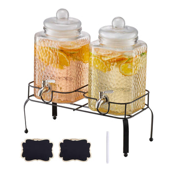 Beverage Dispenser, 2 Pack 1.5 Gallon Drink Dispensers for Parties, Glass Juice Dispenser with Metal Stand, Stainless Steel Spigot, Iced Tea Lemonade Juice Water Dispensers for Parties