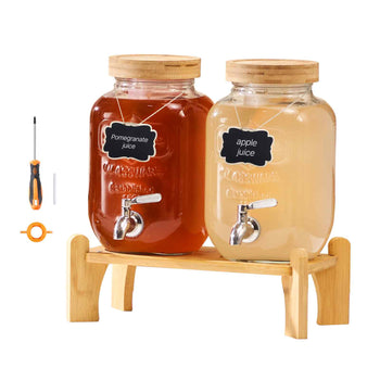 Beverage Dispenser, 2 Pack 1 Gallon Drink Dispensers for Parties, Glass Juice Dispenser with Wood Stand, Stainless Steel Spigot, Infuser, Iced Tea Lemonade Juice Water Dispensers for Parties