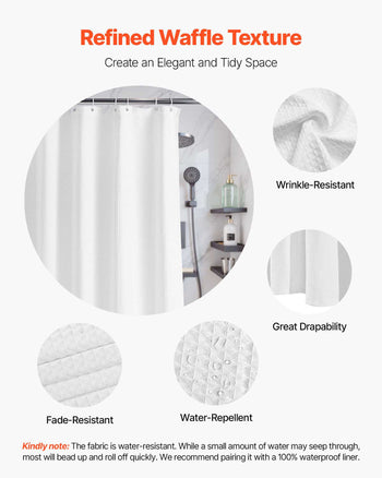 White Fabric Shower Curtain, 240 GSM Weighted Waffle Shower Curtains, Polyester Curtain with Rust-Resistant Hooks, Machine Washable & Water Repellent, for Bathroom Showers, Bath Tubs, 72x72 in