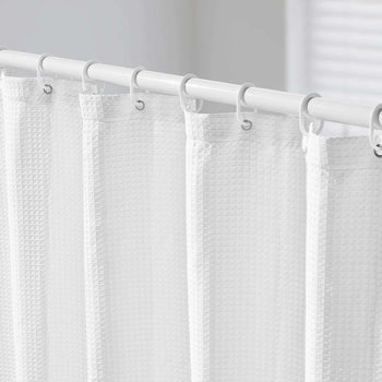 White Fabric Shower Curtain, 240 GSM Weighted Waffle Shower Curtains, Polyester Curtain with Rust-Resistant Hooks, Machine Washable & Water Repellent, for Bathroom Showers, Bath Tubs, 72x72 in