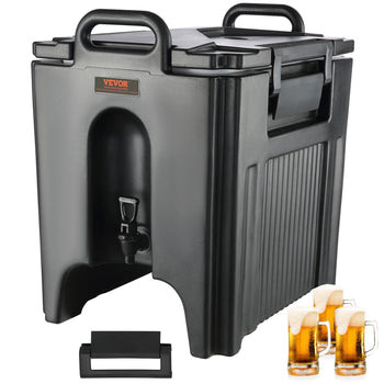 Black insulated beverage cooler with spigot, perfect for parties and outdoor events, featuring a sturdy design.