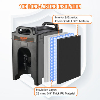 Black food-grade LDPE insulated container with 23mm thick PU material for 10-hour temperature retention.
