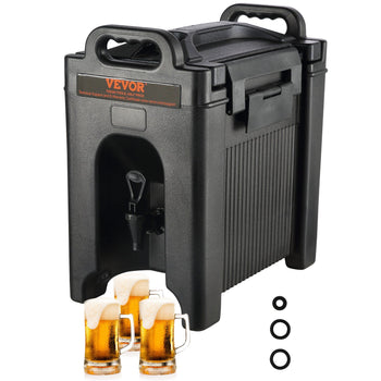 Portable black beer dispenser with tap, featuring durable plastic construction, ideal for outdoor gatherings and events.