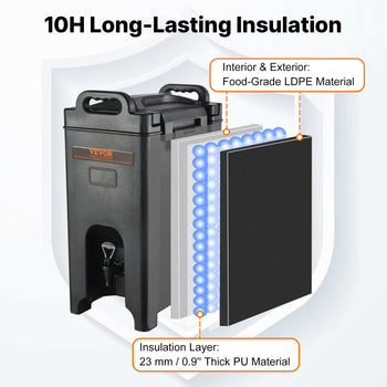 Black food-grade LDPE cooler with 10H insulation, featuring 23mm thick PU layer for enhanced temperature retention.