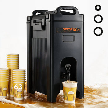 Black VEVOR 5-gallon beverage dispenser with spigot, ideal for parties, alongside yellow cups and protective rings.