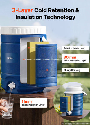 Insulated Beverage Dispenser 2 Gallon + 4.8 Gallon Beverage Server, for Camping Outdoor Event Parties, Leakproof Ice Water Drink Cooler, with Easy Pour Spigot, Insulation Layer, Portable Handle