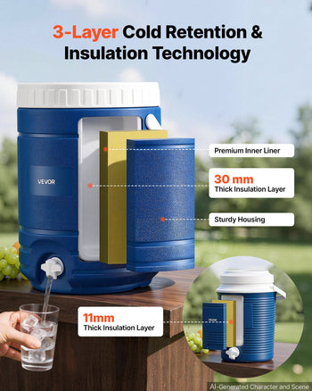 Insulated Beverage Dispenser 2 Gallon + 4.8 Gallon Beverage Server, for Camping Outdoor Event Parties, Leakproof Ice Water Drink Cooler, with Easy Pour Spigot, Insulation Layer, Portable Handle