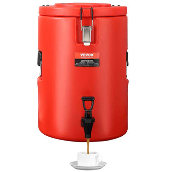 Red VEVOR insulated beverage dispenser, durable plastic with spigot, perfect for hot and cold drinks at events.