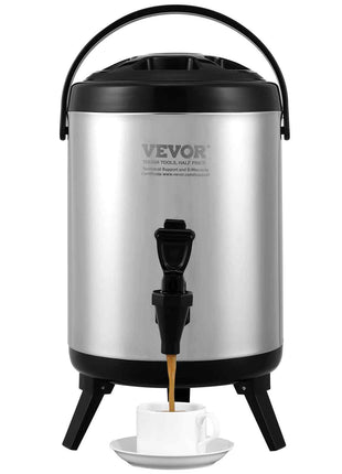 Vevor stainless steel coffee urn, black and silver, 20L capacity, with easy-pour spout and sturdy legs.