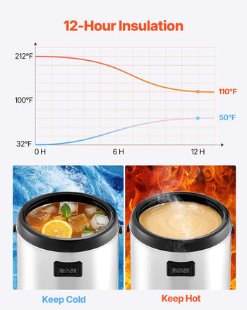 Insulated Beverage Dispenser, 1.5 Gal/6L Stainless Steel Thermal Drink Server with Spigot & Temp Display, Suitable for Hot and Cold Drinks, for Tea Coffee Water in Cafes & Restaurants, Silver