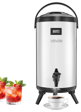 Insulated Beverage Dispenser, 2.4 Gal/9.2L Stainless Steel Thermal Drink Server with Spigot & Temp Display, Suitable for Hot and Cold Drinks, for Tea Coffee Water in Cafes & Restaurants, Silver