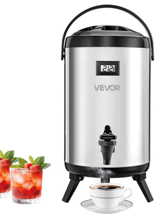 Insulated Beverage Dispenser, 2 Gal/7.6L Stainless Steel Thermal Drink Server with Spigot & Temp Display, Suitable for Hot and Cold Drinks, for Tea Coffee Water in Cafes & Restaurants, Silver