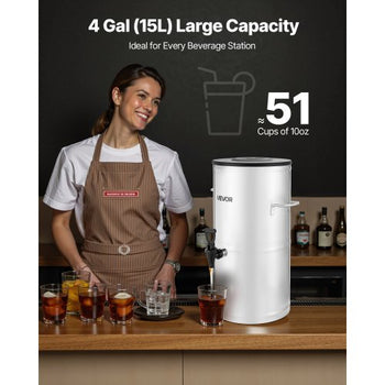 Ice Tea Dispenser, 4 Gal/15L 304 Stainless Steel Beverage Dispenser with Spigot & Handle, Suitable for Hot and Cold Drinks, for Iced Tea Coffee Water in Cafes & Restaurants