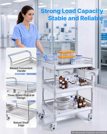 Medical Cart Three-Tier Medical Trolley Cart with 2 Drawers 110.23lbs, for Clinic, Hospital, Beauty Salon, Lab, with a Waste Tray, Stable Support, Medical Trolley Cart with Casters and Handle
