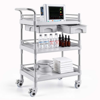 Medical Cart Three-Tier Medical Trolley Cart with 2 Drawers 110.23lbs, for Clinic, Hospital, Beauty Salon, Lab, with a Waste Tray, Stable Support, Medical Trolley Cart with Casters and Handle