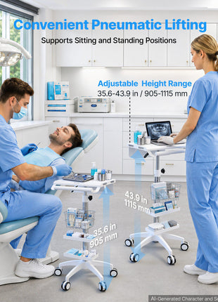 Medical Cart 66.14 lbs Max Load Height Adjustable Pneumatic Lift, for Clinic, Hospital, Laboratory, with 2 Storage Trays and 1 Basket, Stable Support, Medical Trolley Cart with 5 Casters