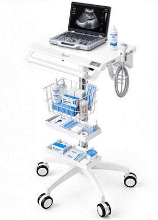 Medical Cart 66.14 lbs Max Load Height Adjustable Pneumatic Lift, for Clinic, Hospital, Laboratory, with 2 Storage Trays and 1 Basket, Stable Support, Medical Trolley Cart with 5 Casters