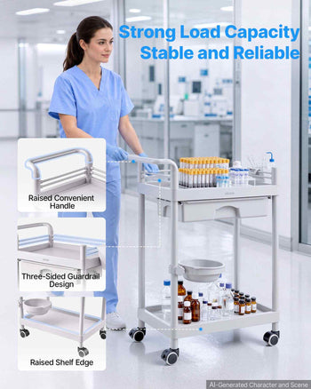Medical Cart Two-Tier Medical Trolley Cart with Drawer 110.23 lbs, for Clinic, Hospital, Beauty Salon, Lab, with Storage Bin and Waste Tray, Stable Support, Medical Trolley Cart with Casters