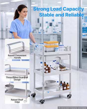 Medical Cart Three-Tier Medical Trolley Cart with Drawer 110.23 lbs, for Clinic, Hospital, Beauty Salon, Lab, with Storage Bin and Waste Tray, Stable Support, Medical Trolley Cart with Casters