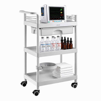 Medical Cart Three-Tier Medical Trolley Cart with Drawer 110.23 lbs, for Clinic, Hospital, Beauty Salon, Lab, with Storage Bin and Waste Tray, Stable Support, Medical Trolley Cart with Casters