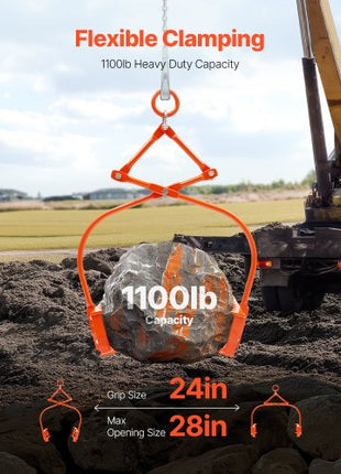 24in Stone Lifting Tongs, 2-Claw Rock Tongs, Heavy Duty Steel Log Tongs, 1100LBS Lifting Capacity, Swivel Log Grapple, Serrated Claw Design, Easy Chain Hook up Tongs for Stone Blocks & Marble
