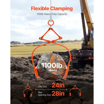 24in Stone Lifting Tongs, 2-Claw Rock Tongs, Heavy Duty Steel Log Tongs, 1100LBS Lifting Capacity, Swivel Log Grapple, Serrated Claw Design, Easy Chain Hook up Tongs for Stone Blocks & Marble