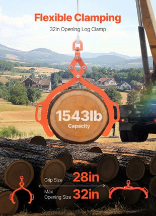 32in Log Lifting Tongs, 2-Claw Log Tongs, Heavy Duty Steel Log Grapple, 1543LBS Lifting Capacity, Swivel Log Graper Timber, Eagle Claw Design, Log Skidding Tongs for Trucks, Tractors, Forklifts
