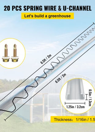 Spring Wire and Lock Channel,6.56ft Spring Lock & U-Channel Bundle for Greenhouse, 20 Packs PE Coated Spring Wire & Aluminum Alloy Channel, Plastic Poly Film or Shade Cloth Attachment with Screw